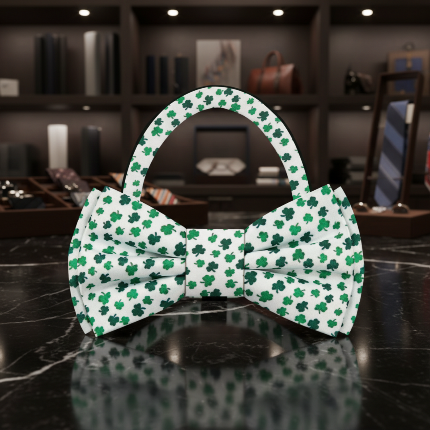 White, Green Four Leaf Clovers Bow Tie Pre Tied