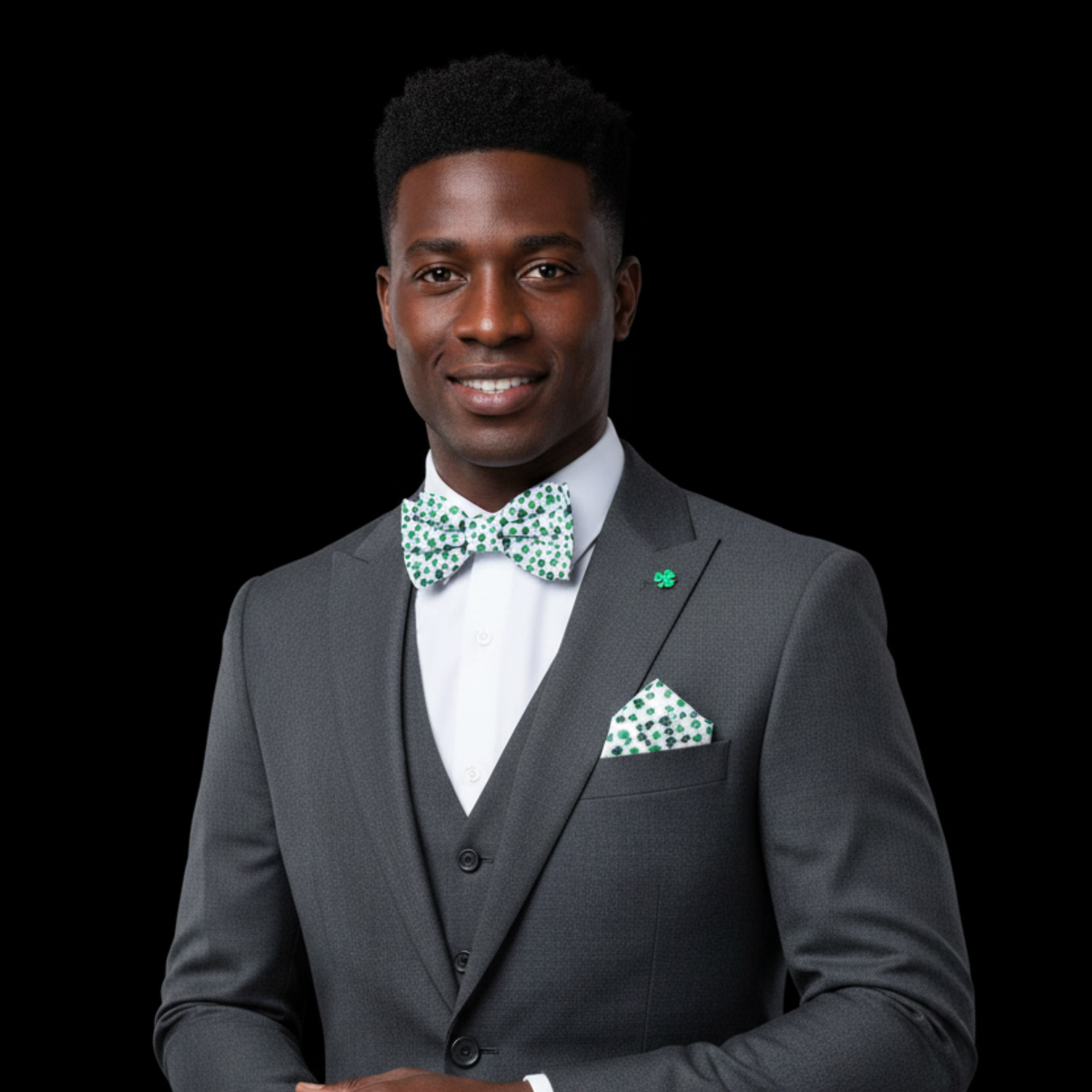 White, Green Four Leaf Clovers Bow Tie and Square