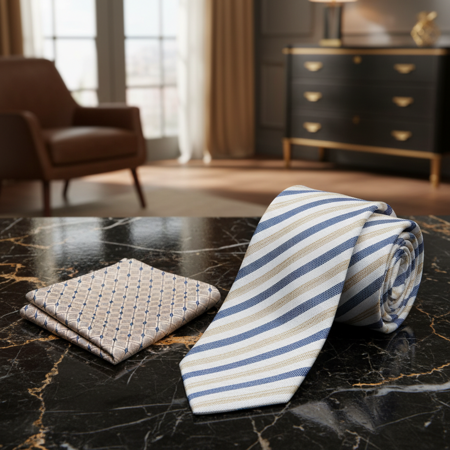 Alt View: White, Dark Blue, Light Brown Stripe Necktie with Cream and Blue Geometric Square
