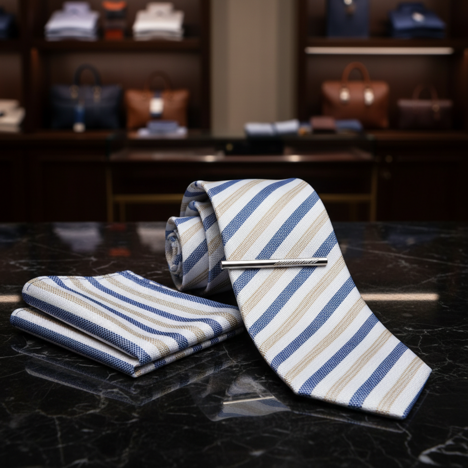Alt View: White, Dark Blue, Light Brown Stripe Necktie with Cream and Square