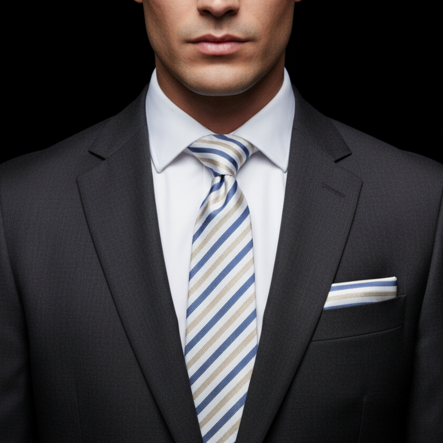 Man wearing a dark suit with a striped tie and pocket square on a black background
