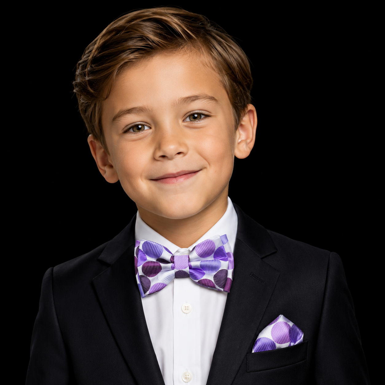 white with purple dots bow tie and square on child with suit