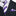 Black suit with a white shirt, purple and white striped tie, and matching pocket square.