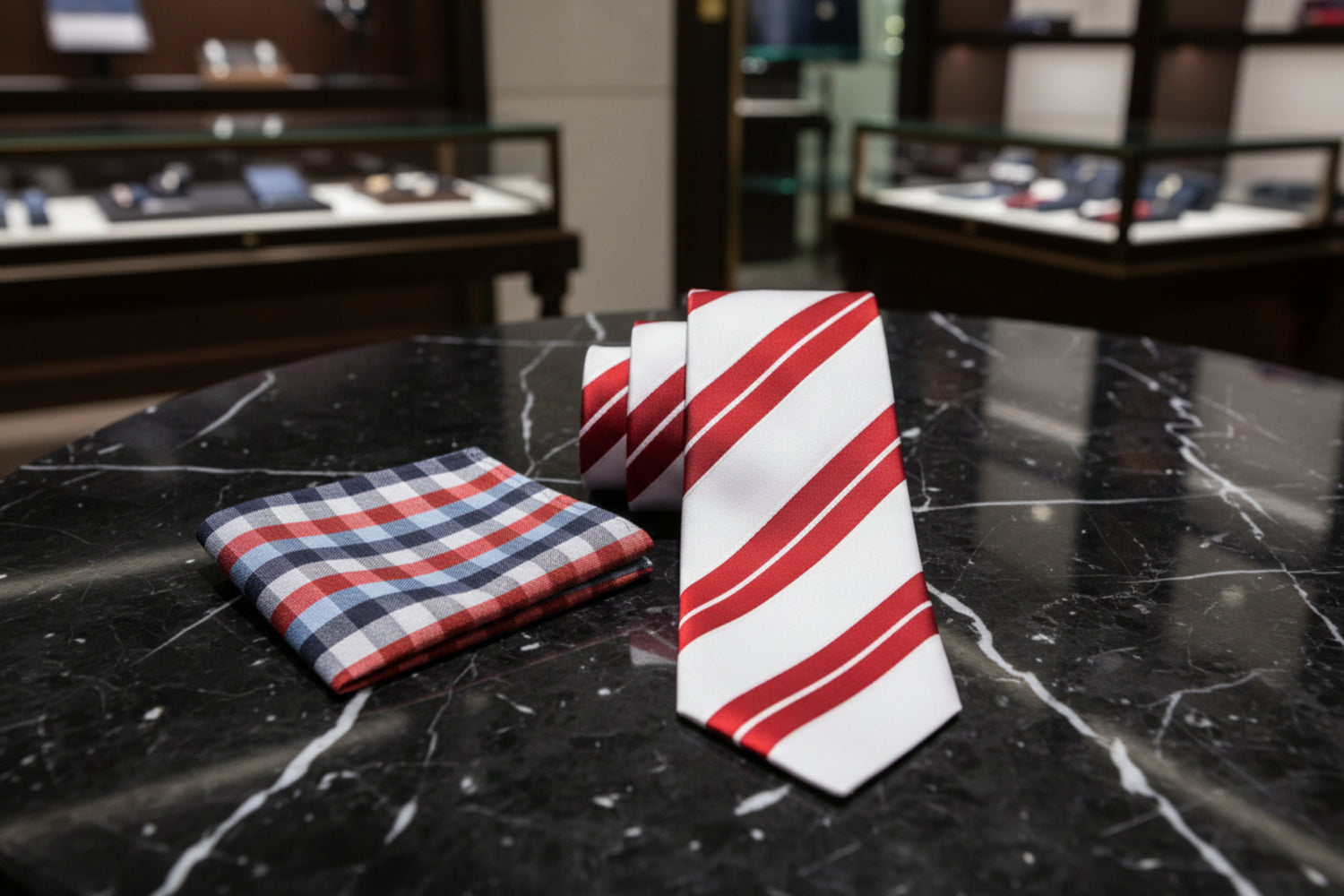 Alt View: White, Red Stripe Necktie and Blue, Red, Check Square
