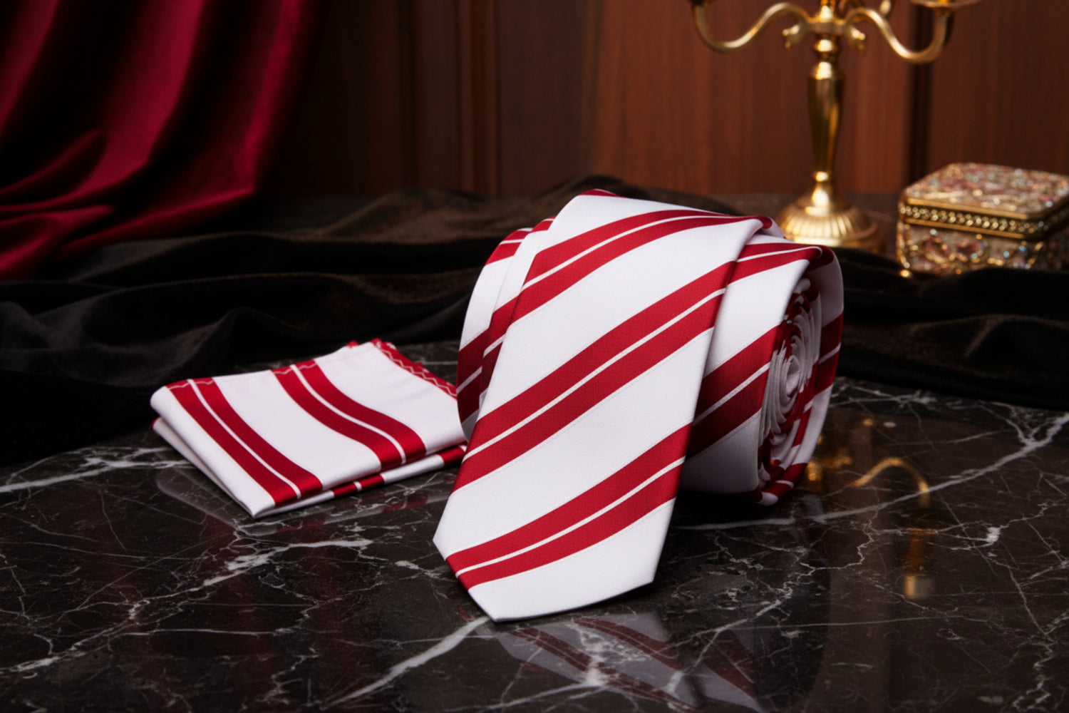 Alt View: White, Red Stripe Necktie and Matching Square