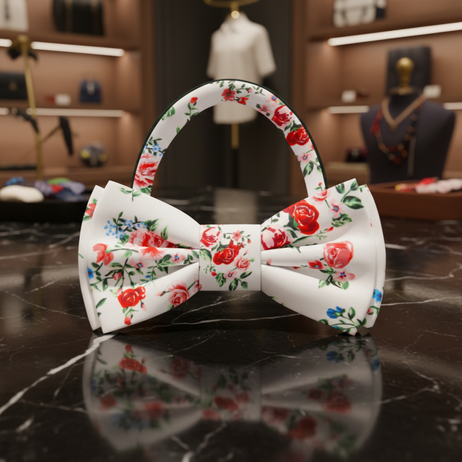 White, Red, Green Rose Bunches Bow Tie Pre Tied