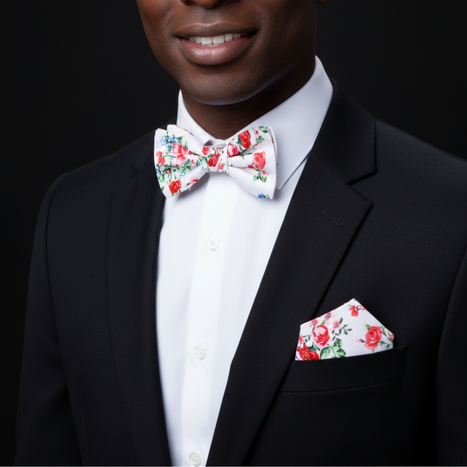 White, Red, Green Rose Bunches Bow Tie and Pocket Square||White