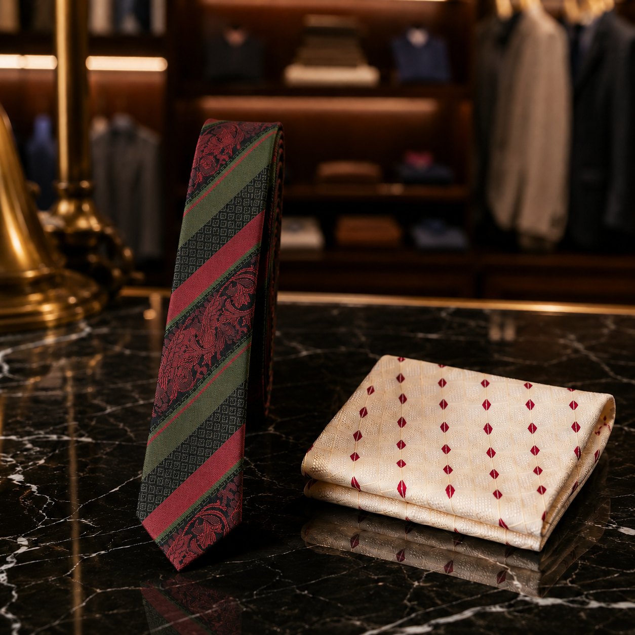 A men's necktie with diagonal stripes in green, pink, and black paisley pattern, standing next to a cream-colored pocket square with red dotted and diamond patterns on a black marble surface.
