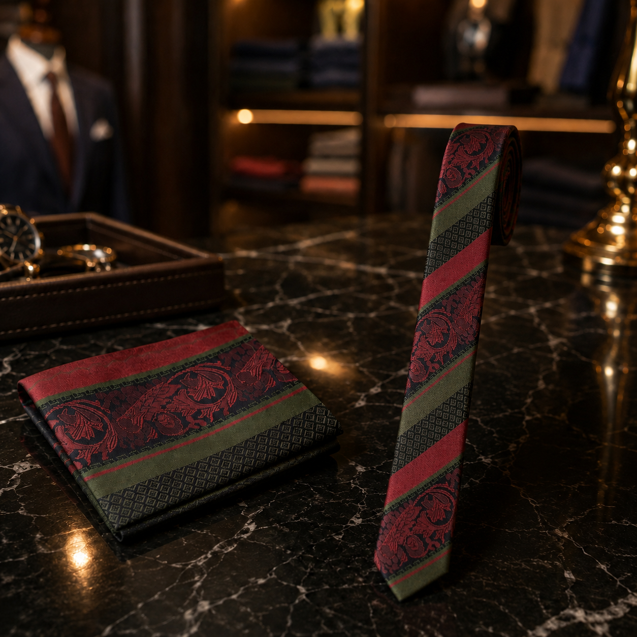 A men's necktie and matching pocket square set with a red, green, and black ornate pattern, displayed on a dark marble surface in a luxury retail setting.