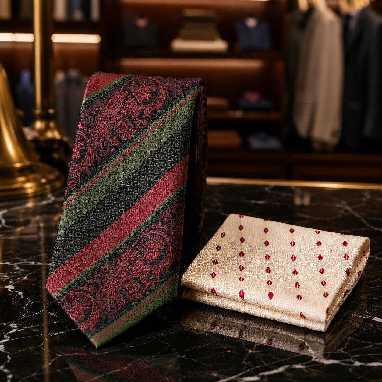 A men's necktie with a red and green damask pattern and diagonal stripes, displayed next to a matching beige pocket square with red dotted patterns on a black marble surface.