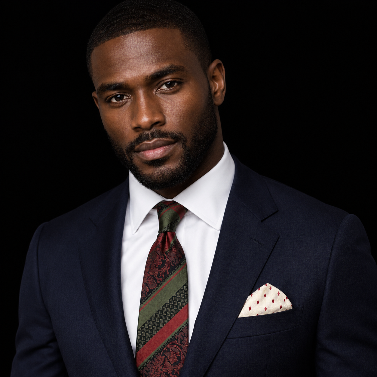 A man wearing a navy blue suit, white dress shirt, and a patterned red and green tie with a matching pocket square, set against a solid black background.