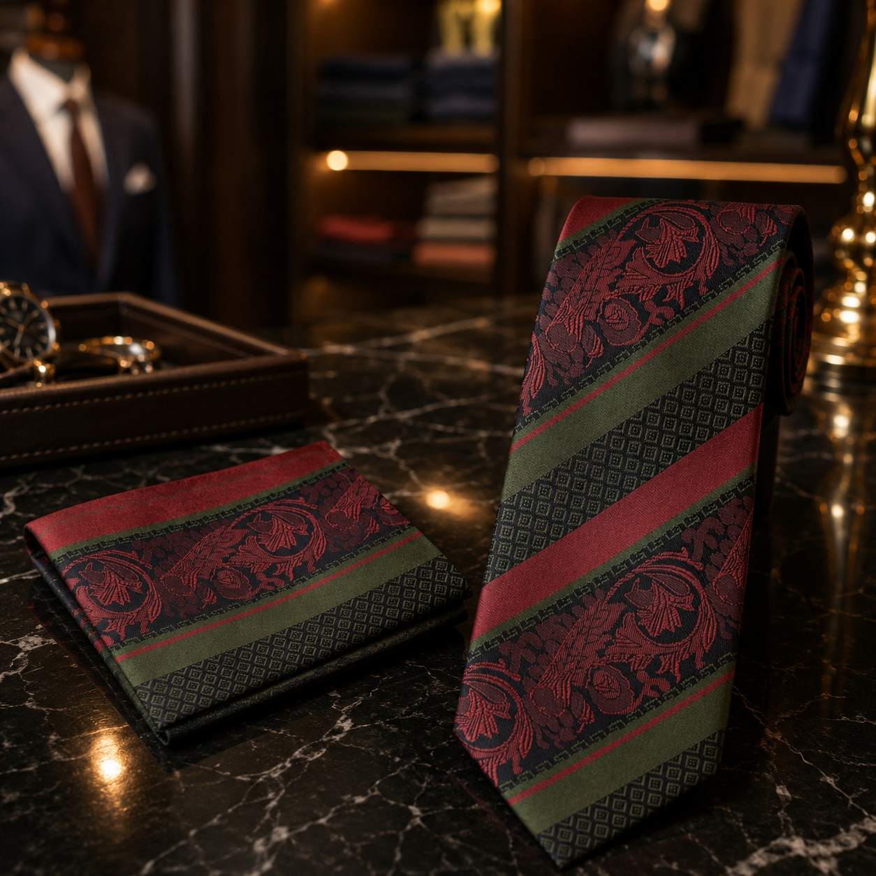 A men's necktie and matching pocket square set displayed on a dark marble surface. The fabric features a classic damask pattern in deep red and muted olive green over a black textured base.