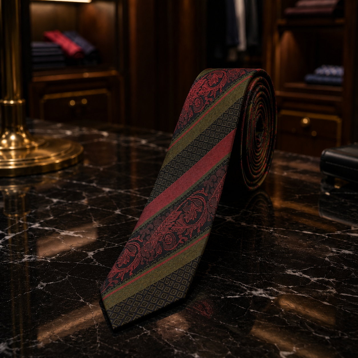 A rolled necktie with a patterned design in red, olive green, and black, displayed on a polished black marble surface.