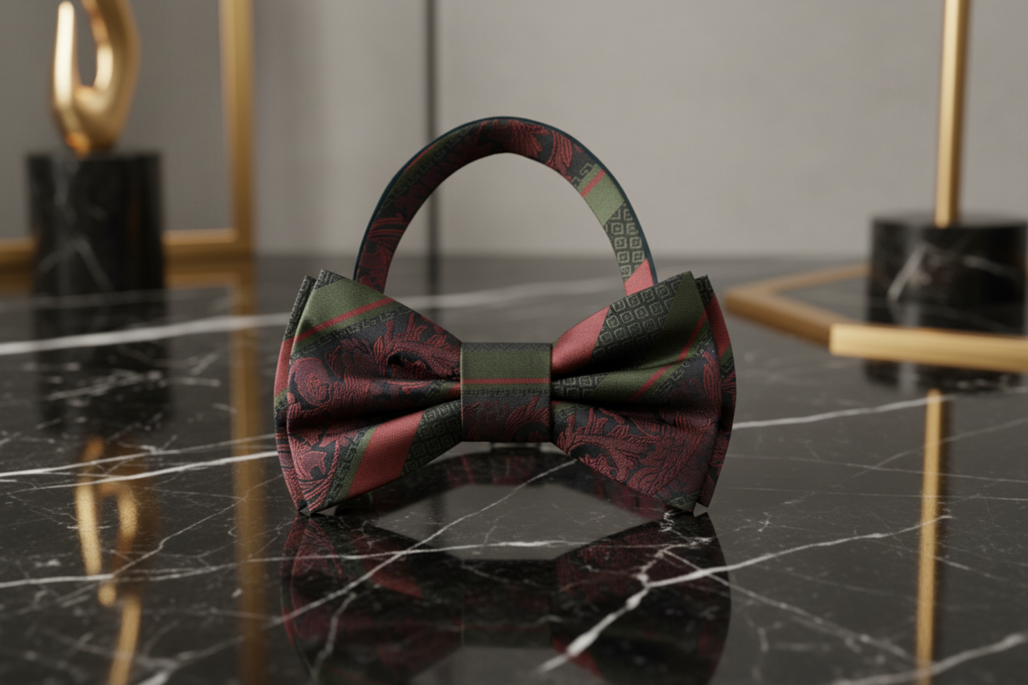 Army Green, Deep Red Wine Stripe With Intricate Vine Bow Tie Pre Tied