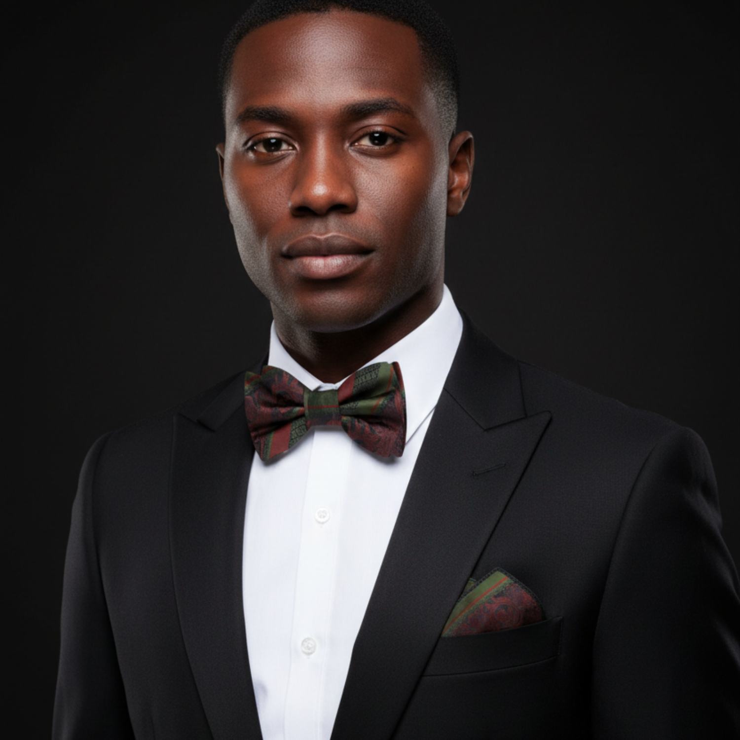 Man wearing a black suit with a patterned bow tie and pocket square on a dark background