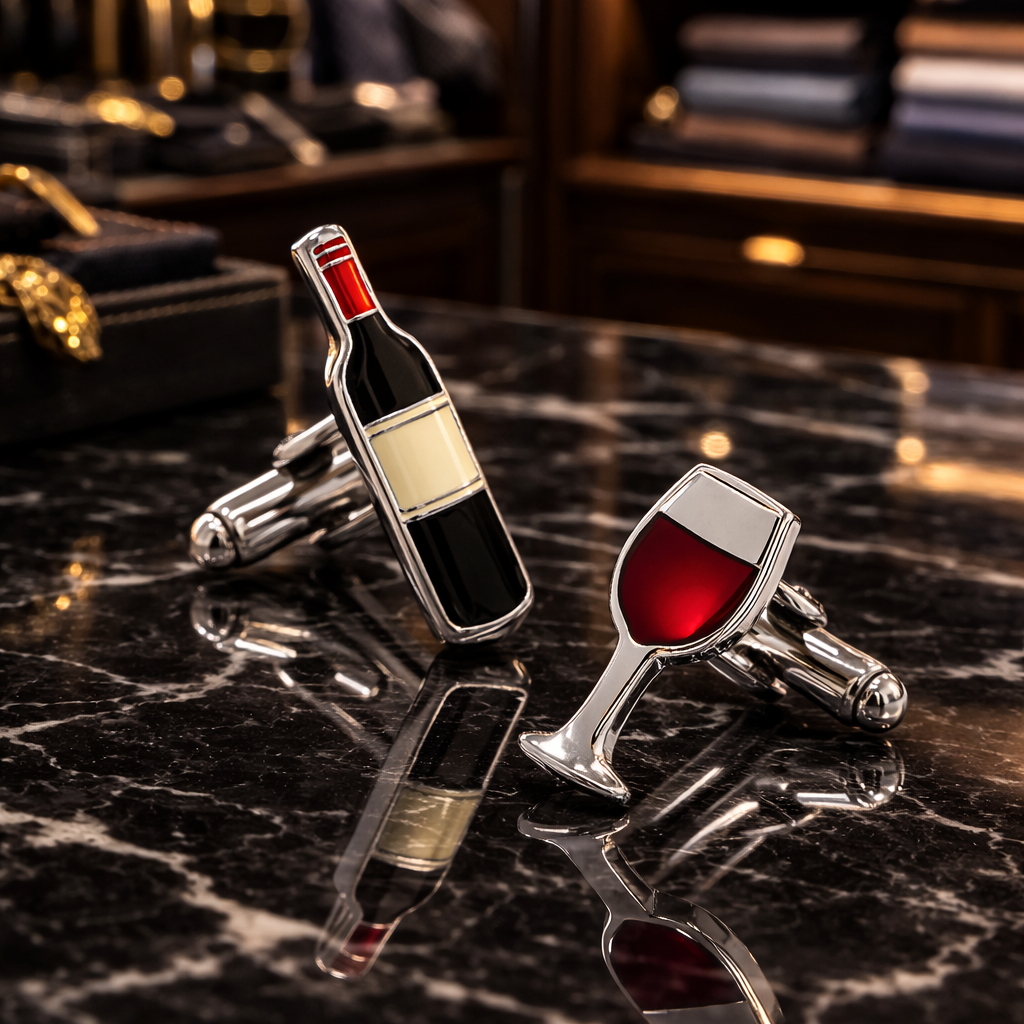 Wine bottle and glass cufflinks on a dark marble surface
