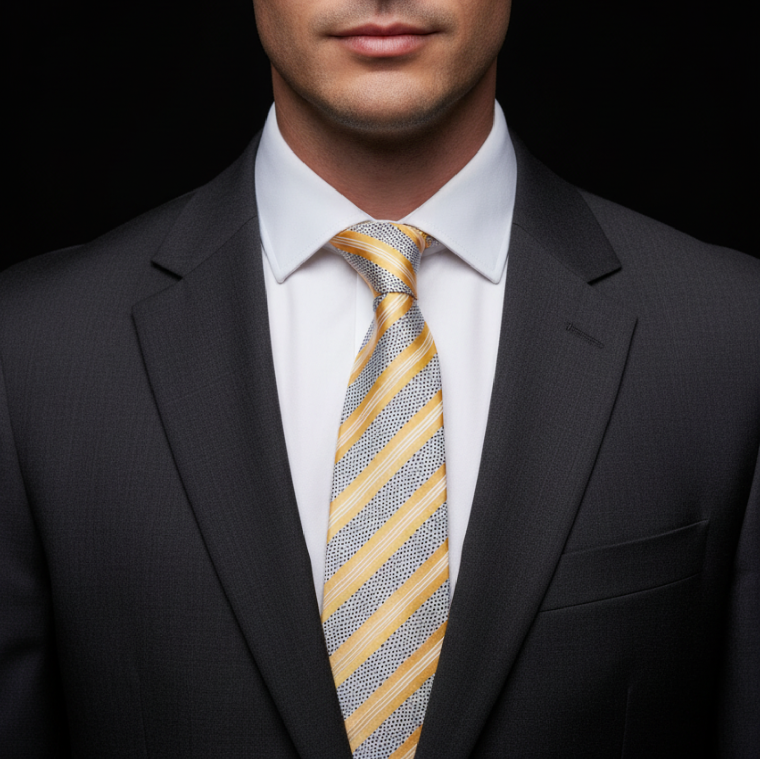 Man wearing a dark suit with a white shirt and yellow striped tie on a black background