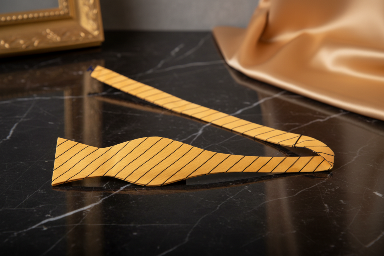 A Yellow with Small Black Stripes Pattern Self Tie Bow Tie Self Tie