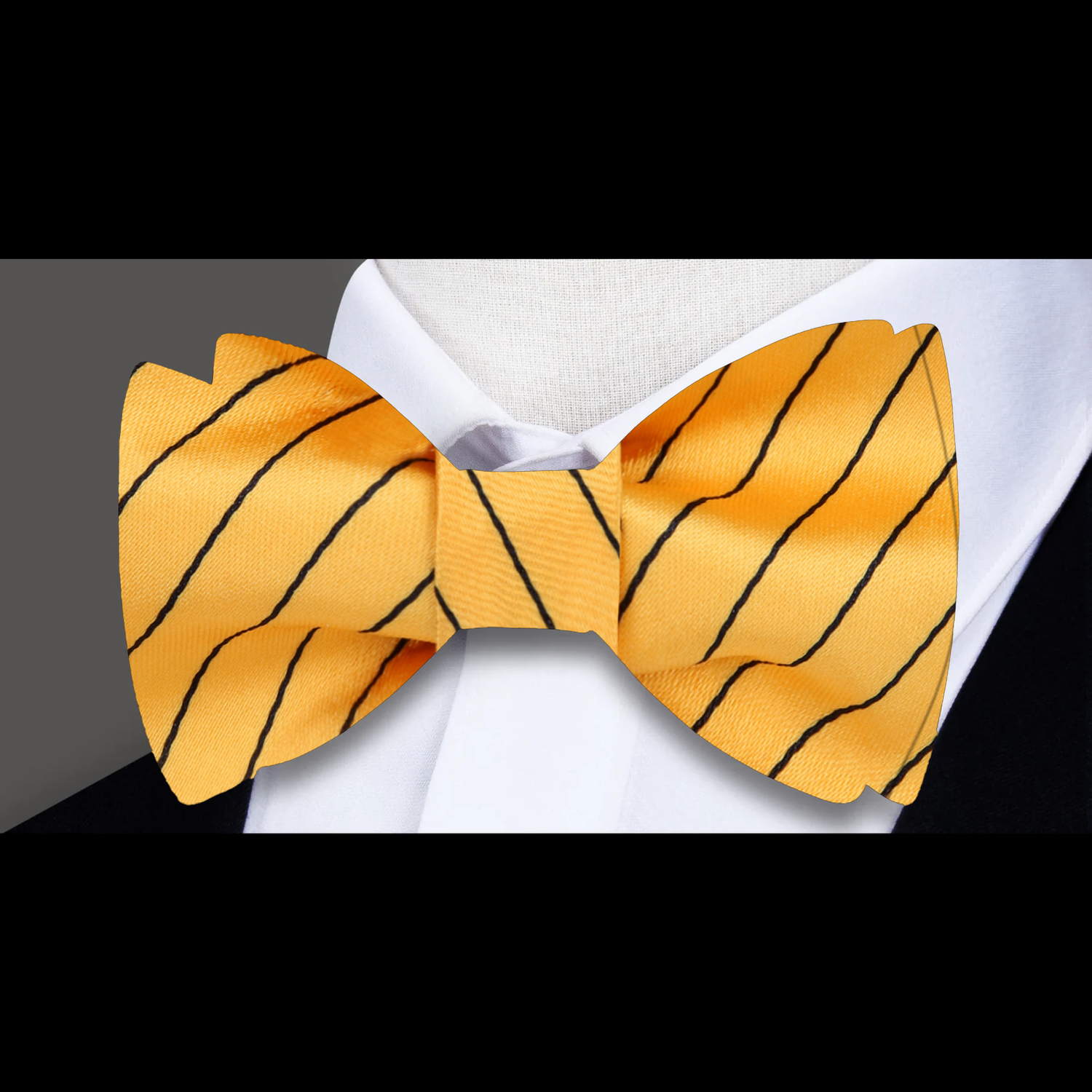 A Yellow with Small Black Stripes Pattern Self Tie Bow Tie