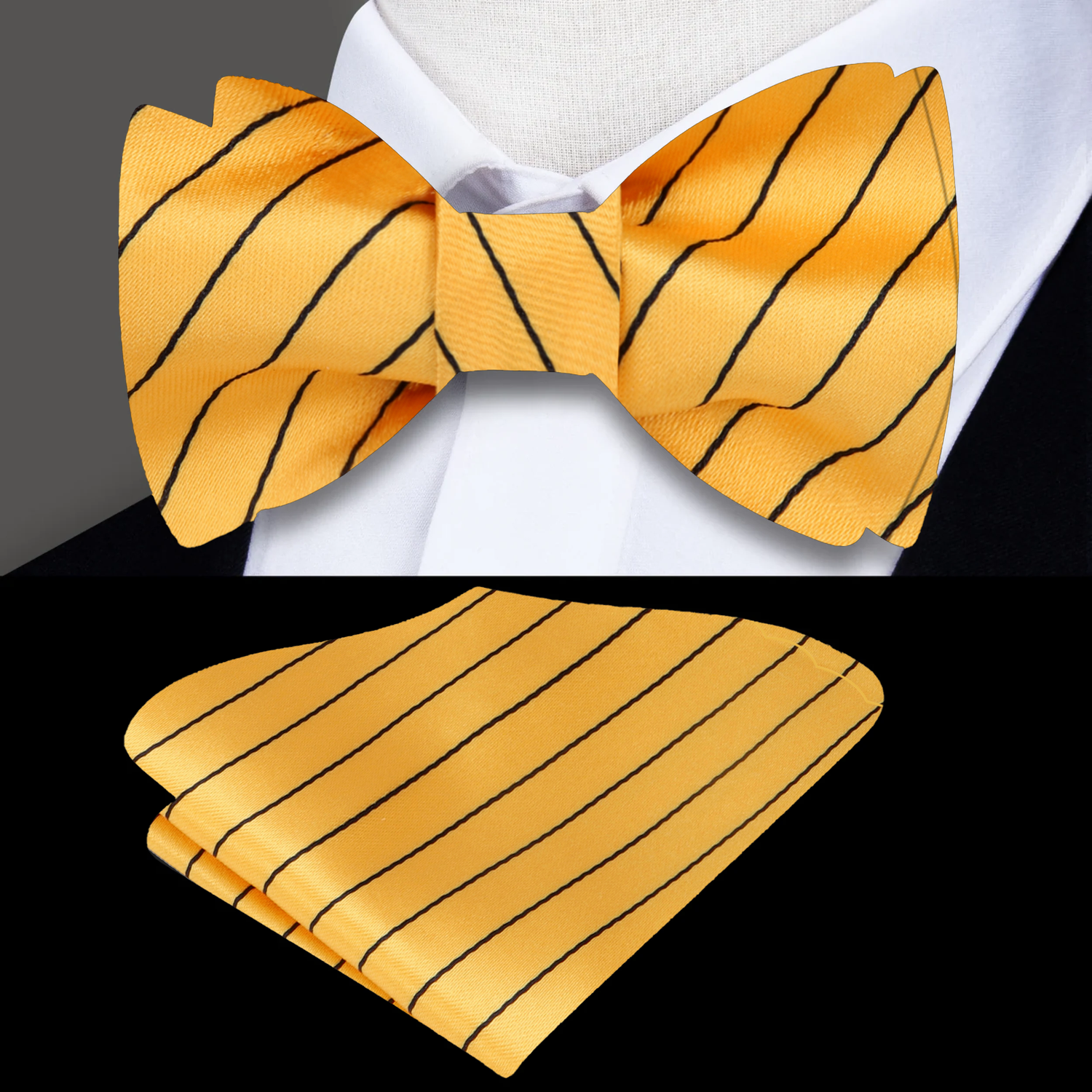 A Yellow with Small Black Stripes Pattern Self Tie Bow Tie, Matching Pocket Square