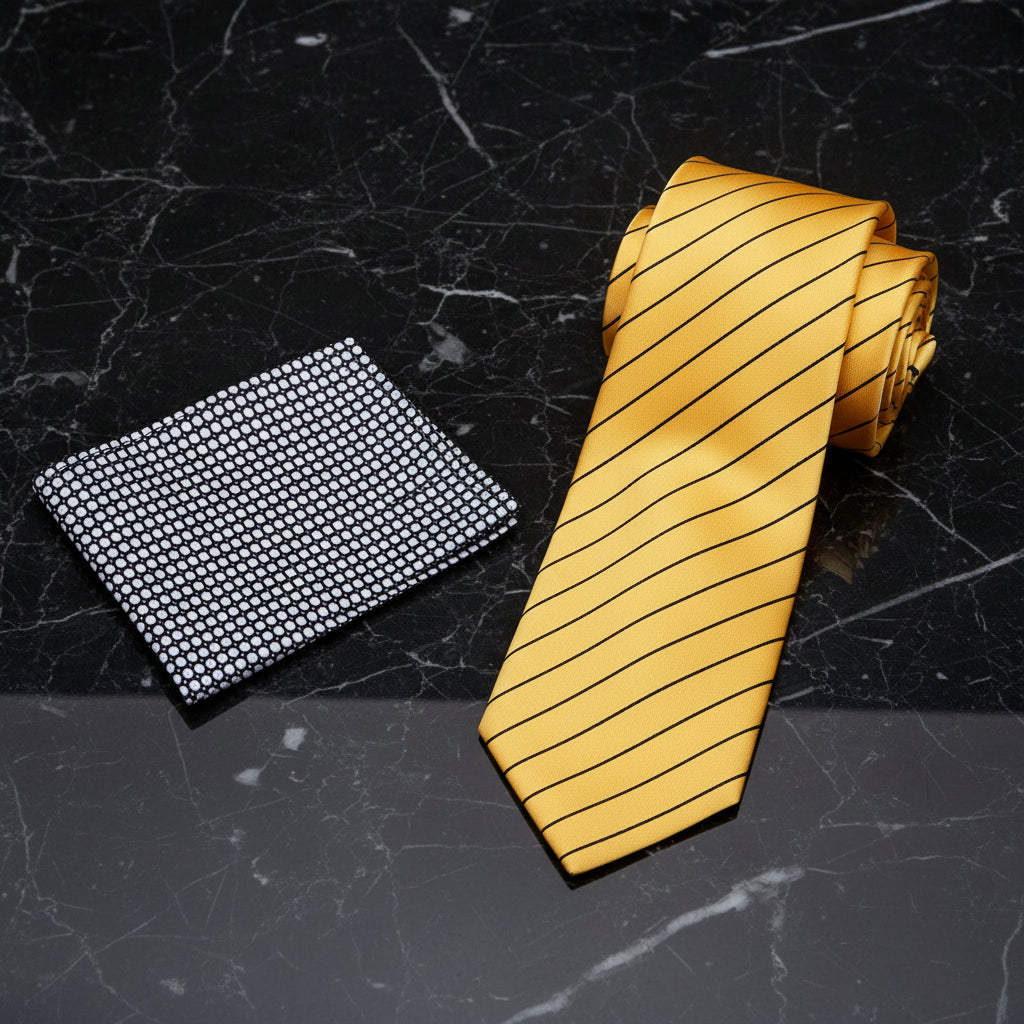 Yellow striped tie and black and white patterned pocket square 