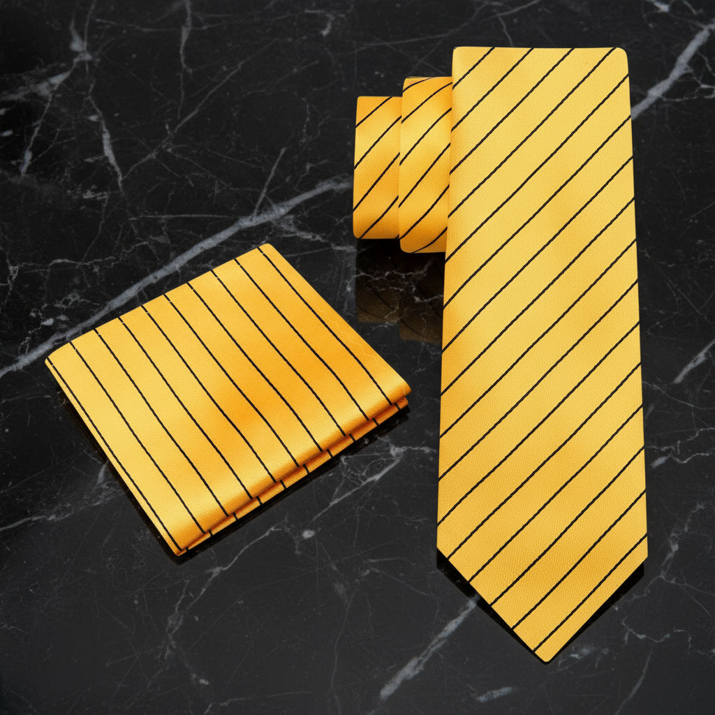 Yellow striped tie and pocket square set on a white background