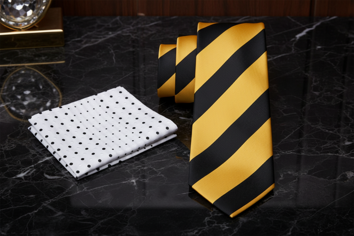 Alt Yellow and Black Stripe Necktie and Accenting White Black Dot Square