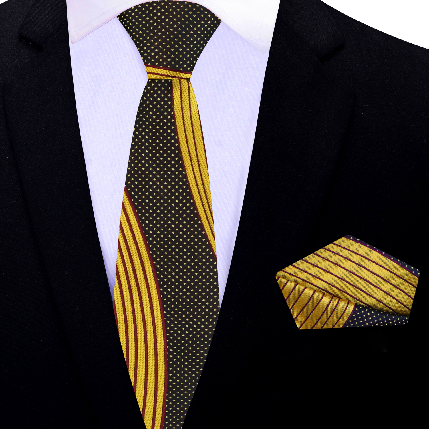 Thin: Yellow Gold, Black, Burgundy Abstract Necktie and  Square
