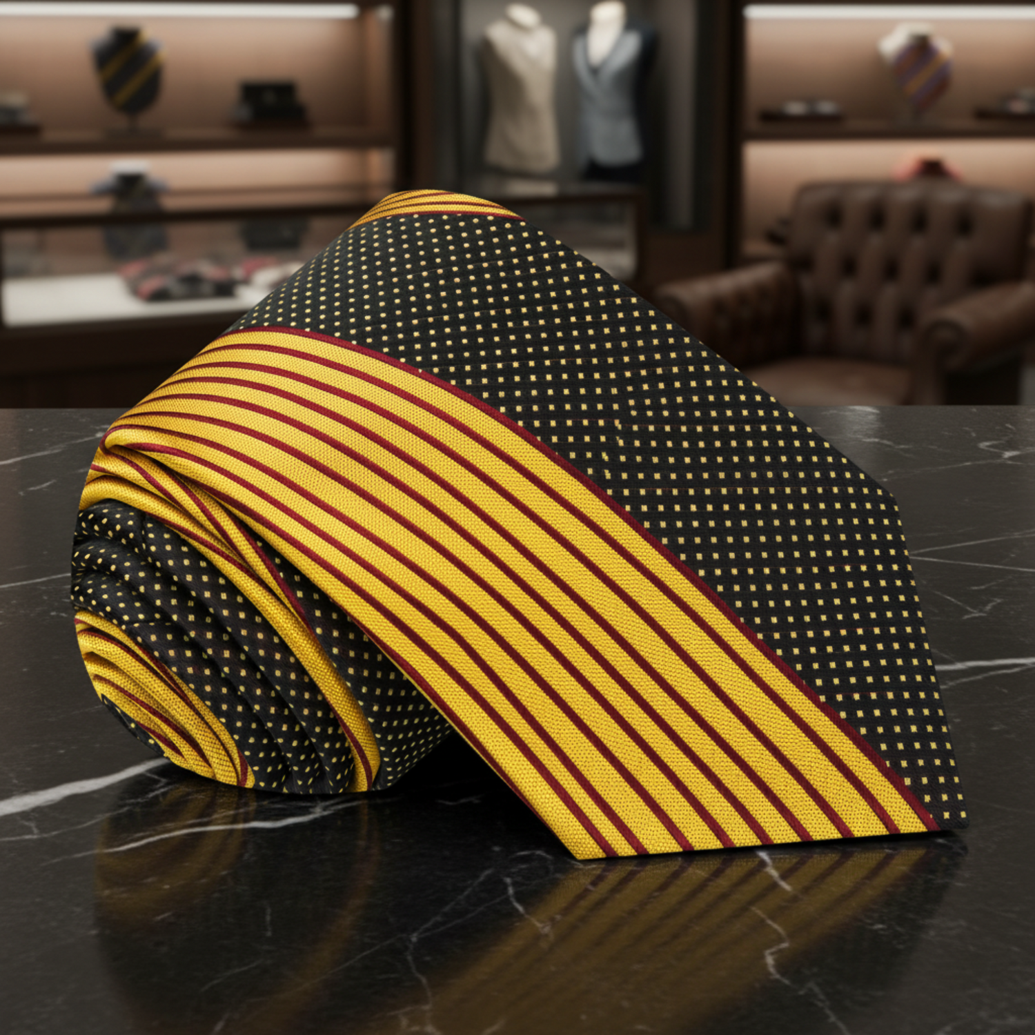 Thin: Yellow Gold, Black, Burgundy Abstract Necktie  