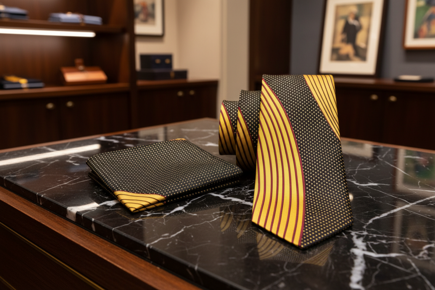 Alt View: Yellow Gold, Black, Burgundy Abstract Necktie and Square