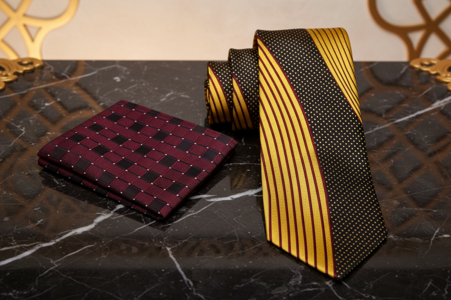 Alt Yellow Gold, Black, Burgundy Abstract Necktie and Accenting Burgundy Square
