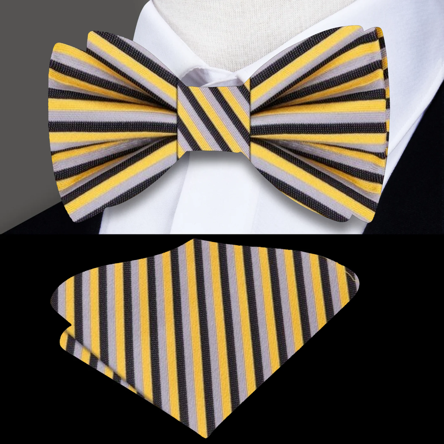 Yellow Gold, Black, Grey Stripe Bow Tie And Pocket Square
