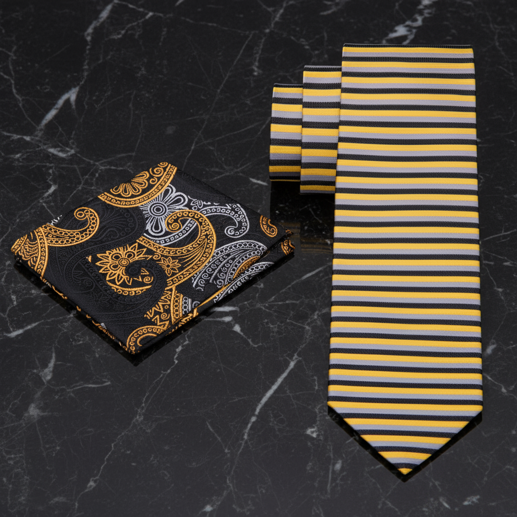 Alt Thin Black, Gold Stripe Tie and Accenting Square