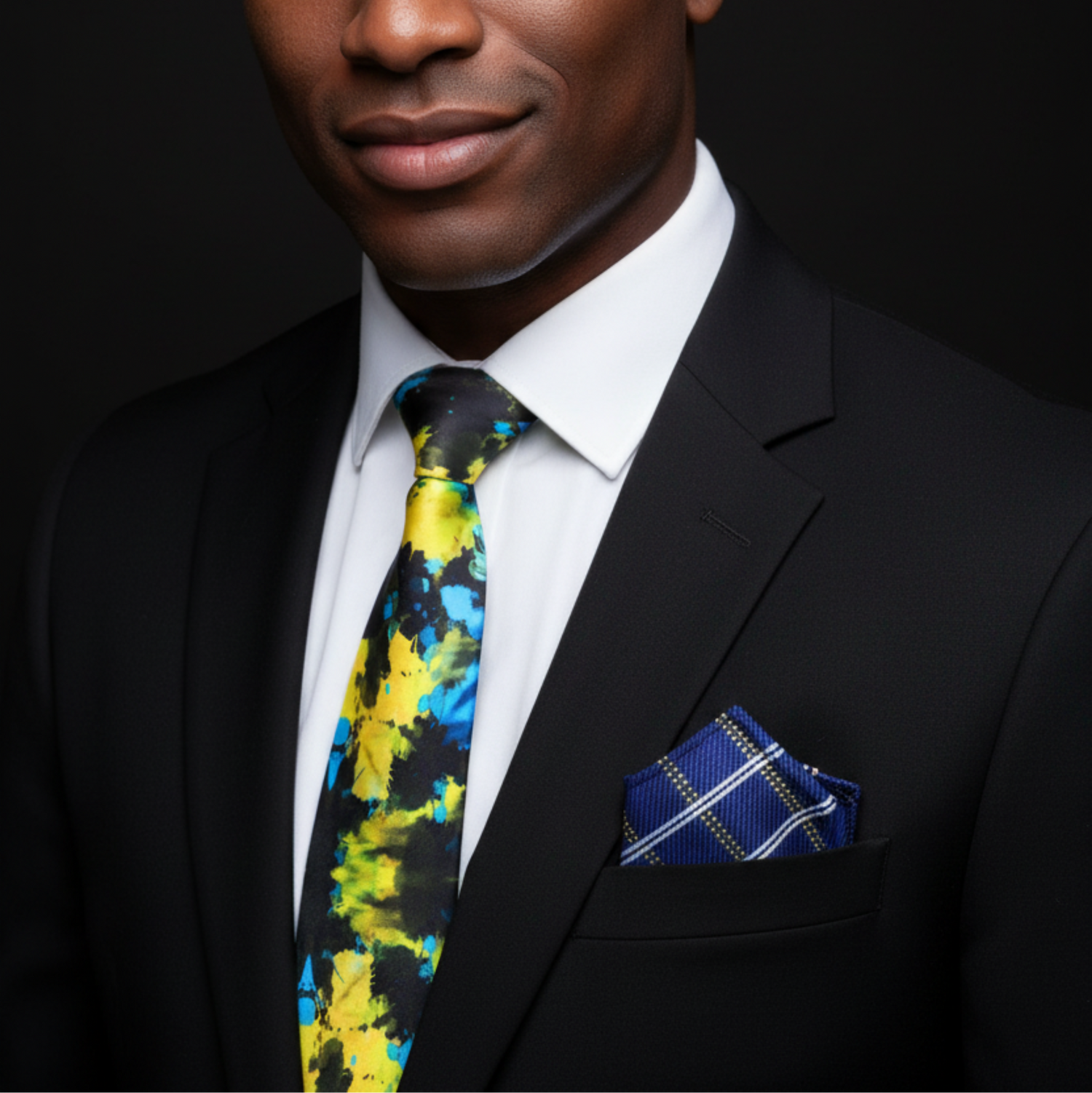 Man wearing a black suit with a colorful tie and blue pocket square on a dark background