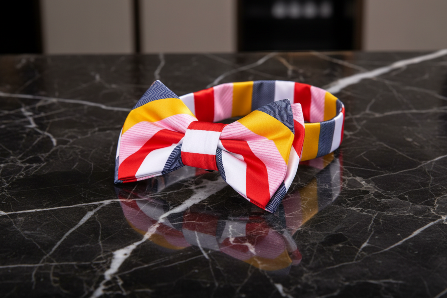 Yellow, Red, Grey, Pink Stripe Bow Tie Pre Tied