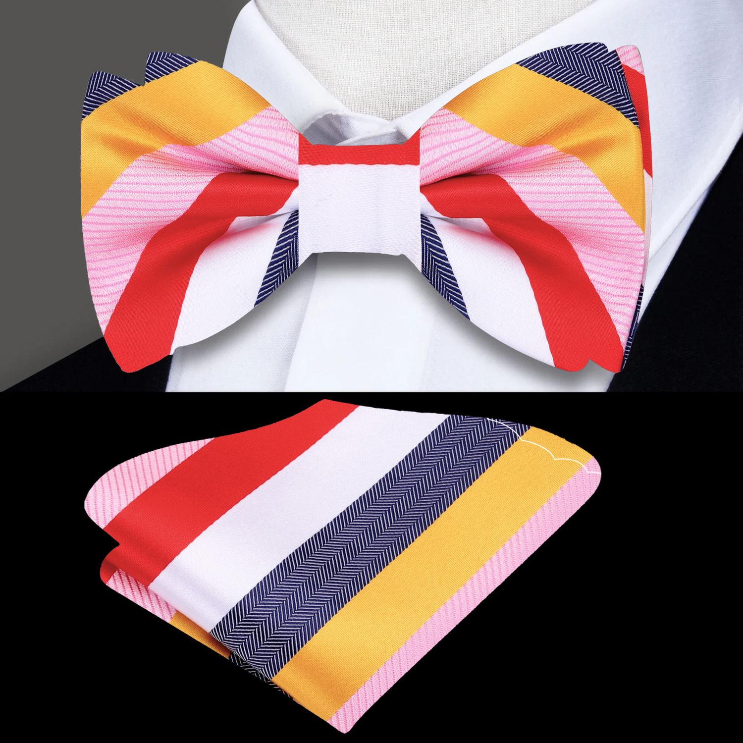 Yellow, Red, Grey, Pink Stripe Bow Tie and Square