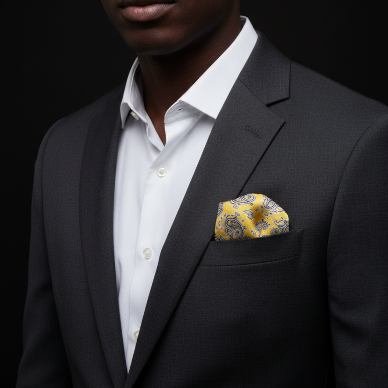 Man wearing a dark suit with a white shirt and yellow patterned pocket square on a black background