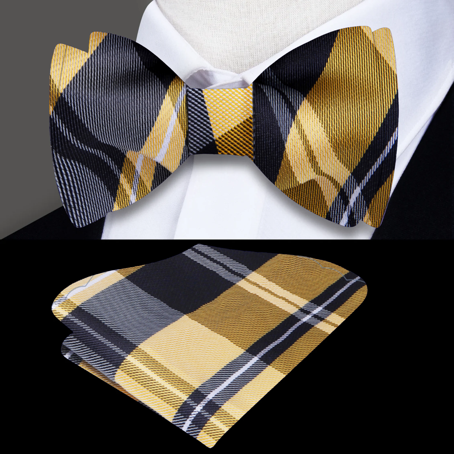 A Yellow, Black Plaid Pattern Self Tie Bow Tie, Matching Pocket Square