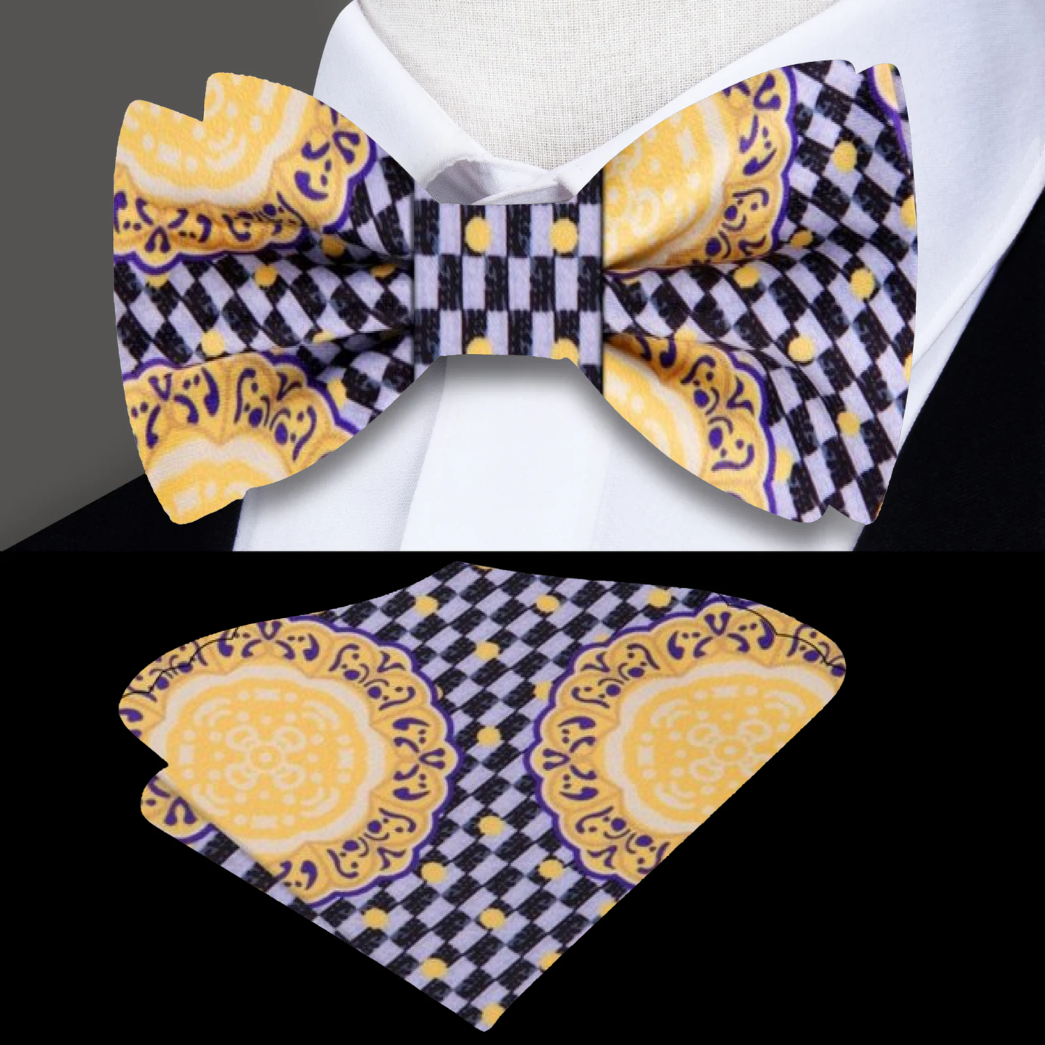 Black, Gold and White Abstract Bow Tie and Pocket Square