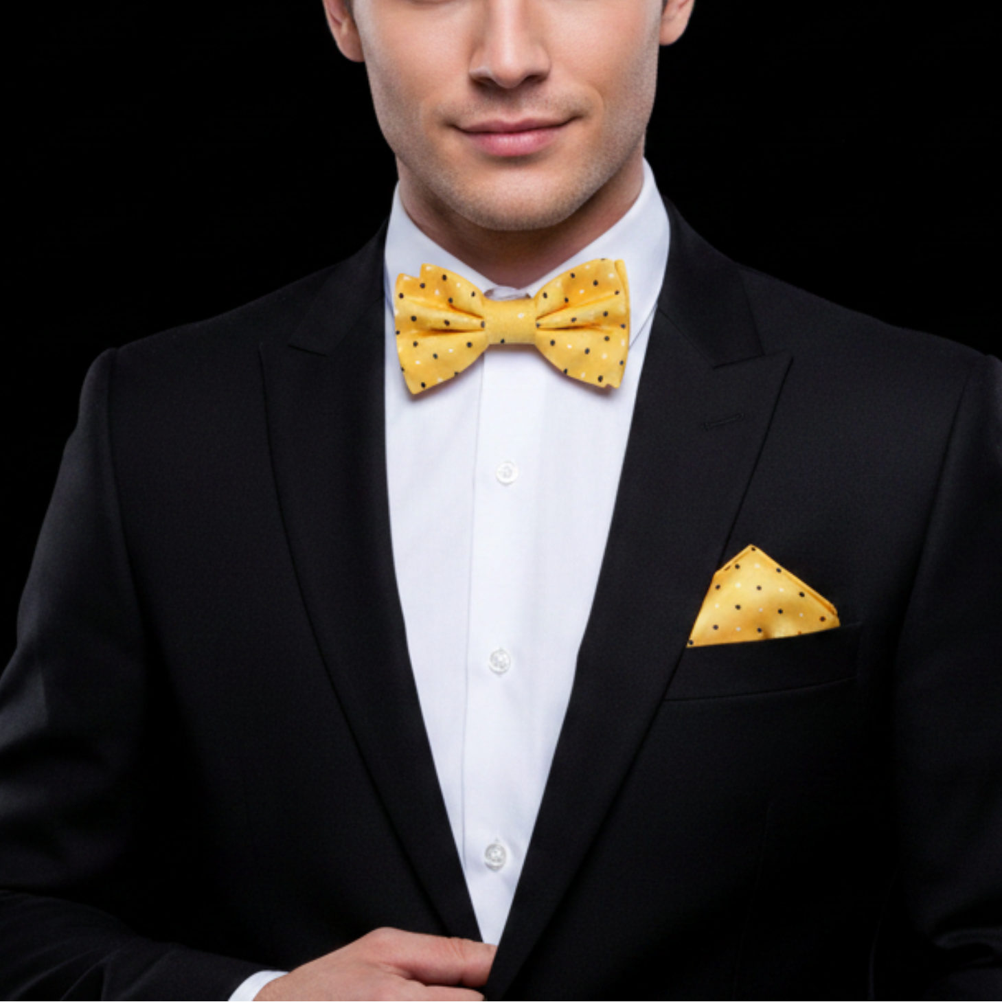Man wearing a black suit with a yellow bow tie and pocket square on a black background
