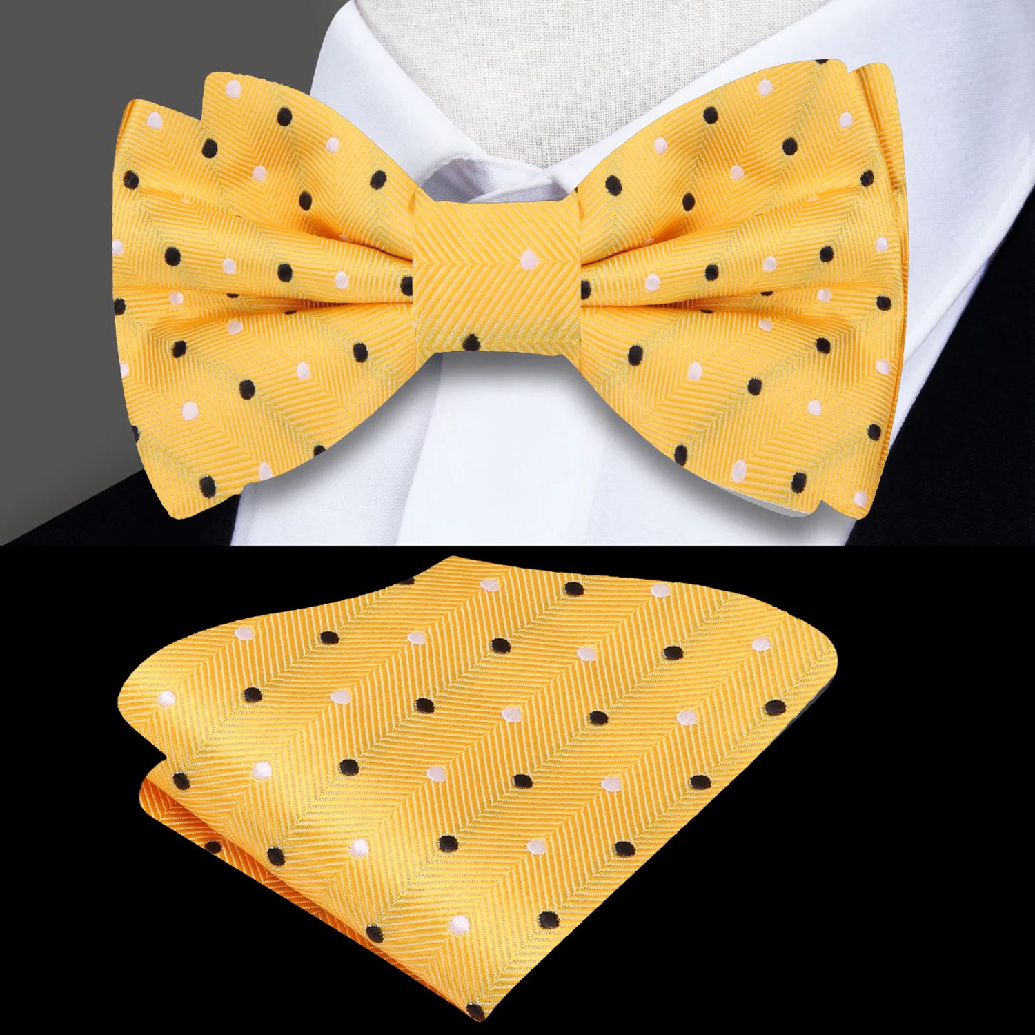 A yellow gold bow tie with black polka dots displayed on a mannequin and separately on a white background.