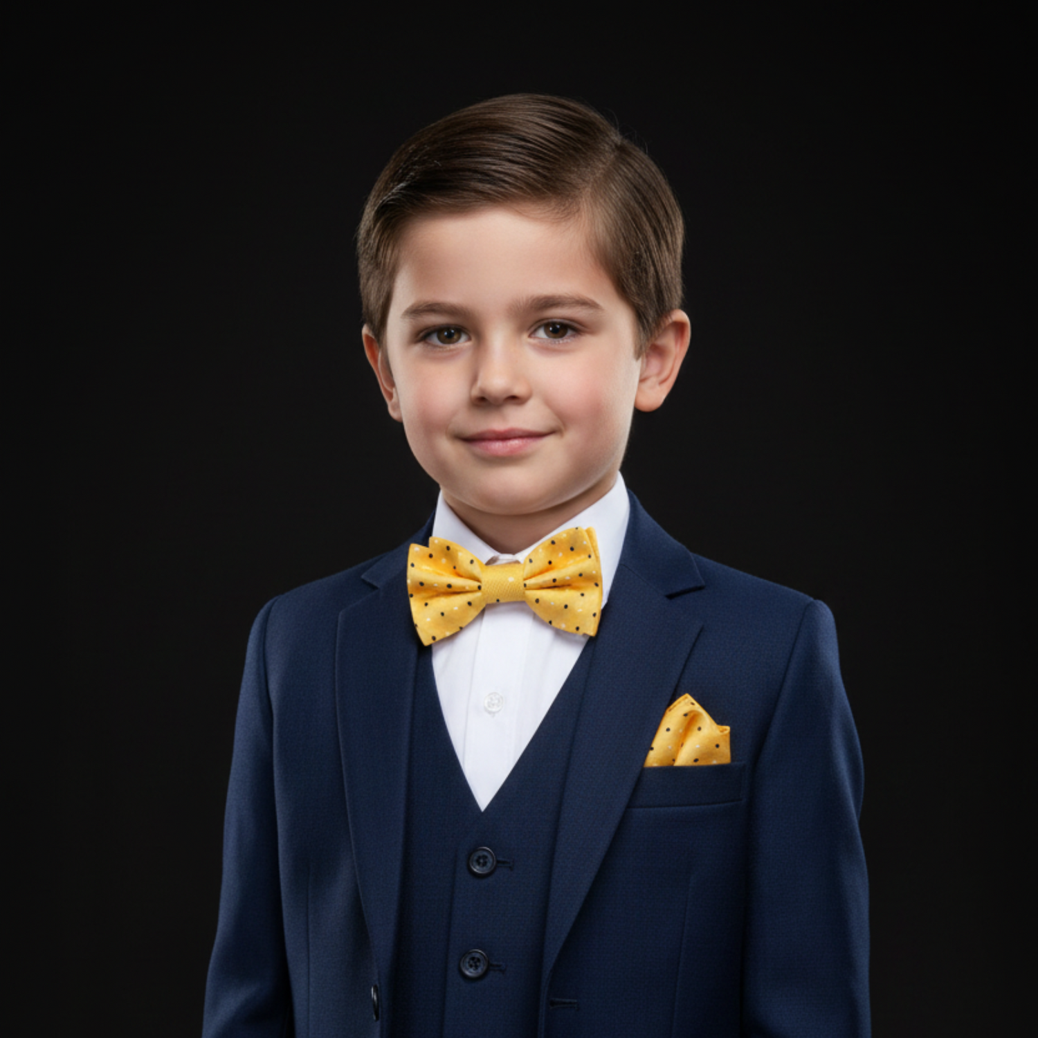 Young boy in a navy suit with a yellow bow tie and pocket square on a black background