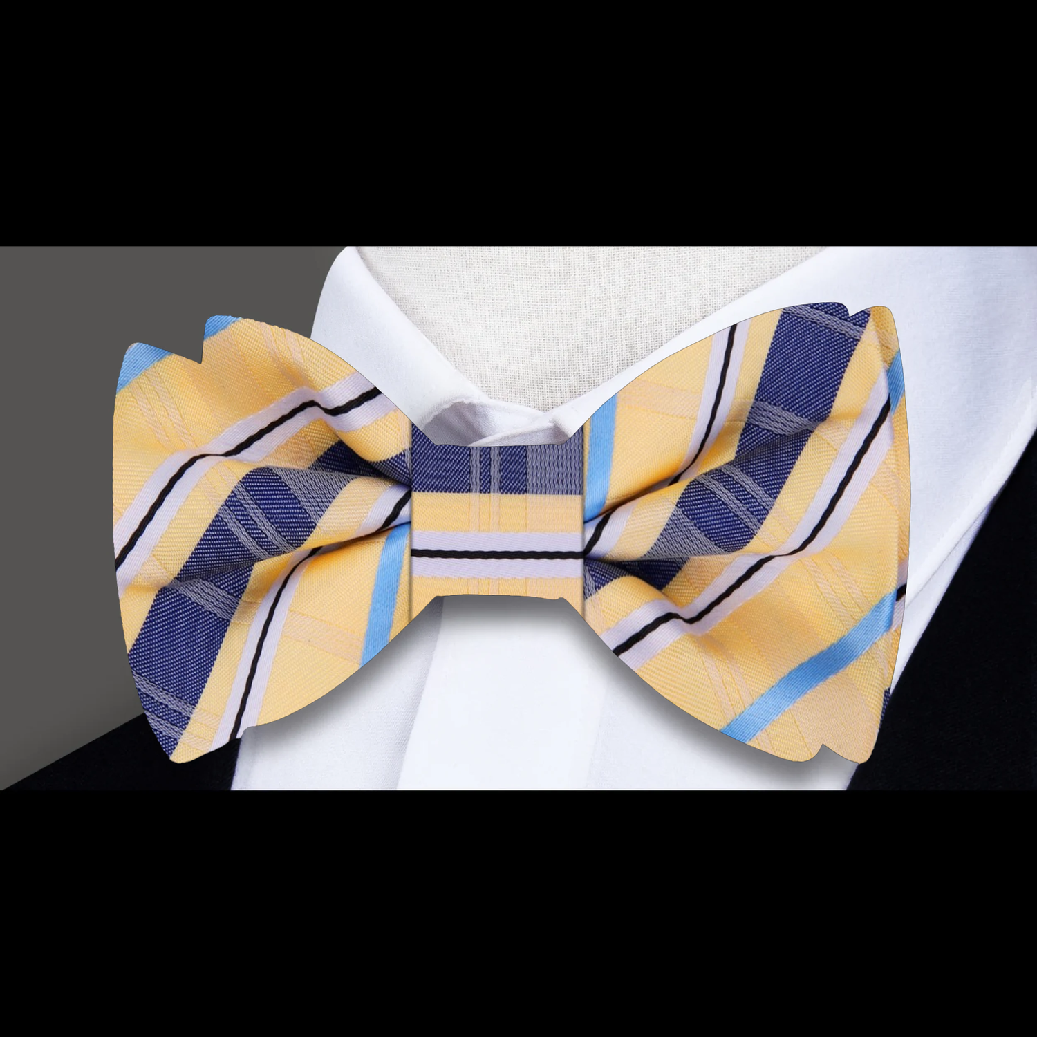 Light Yellow, Midnight Blue, Light Blue Plaid Bow Tie