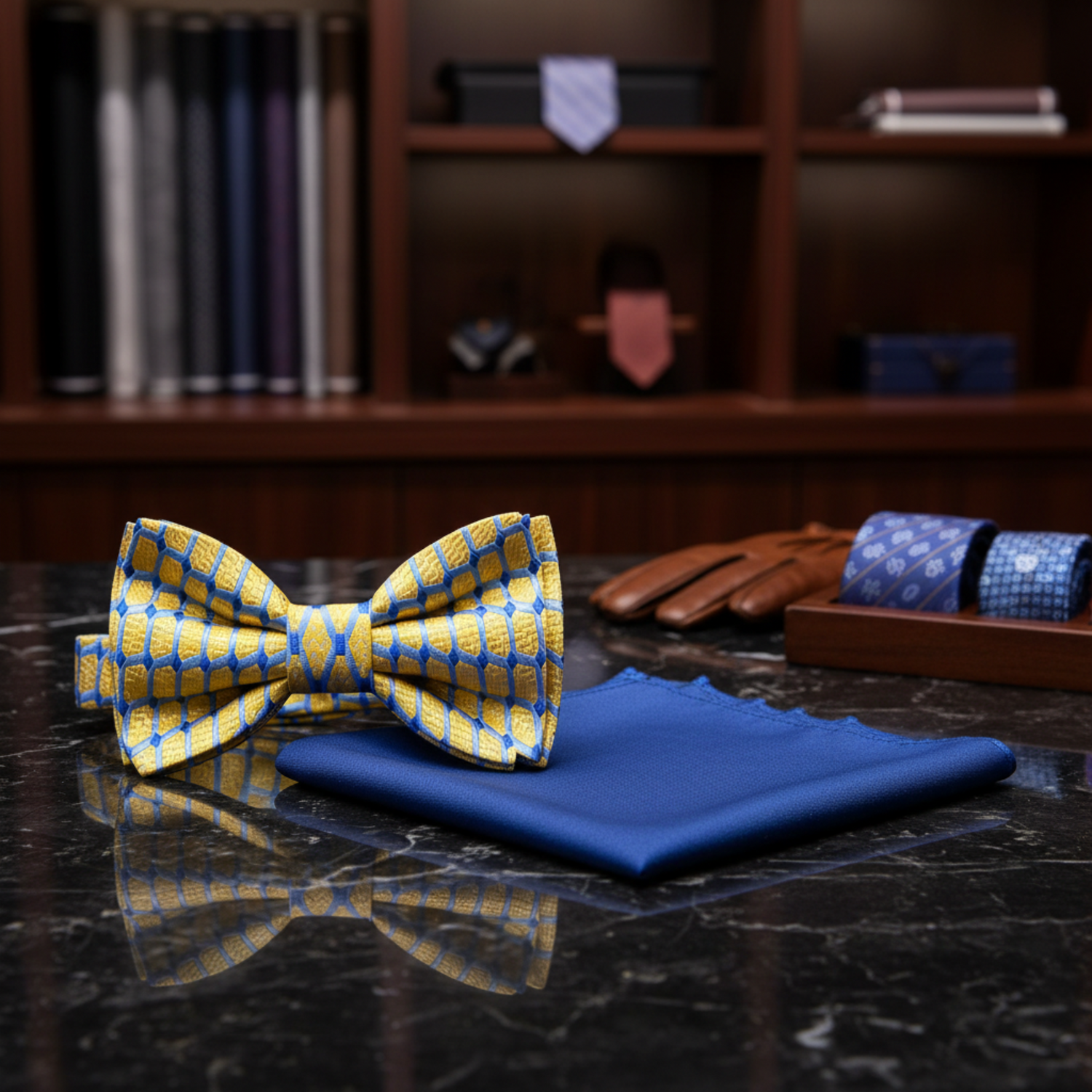 Yellow and Blue Geometric Bow Tie and Blue Pocket Square
