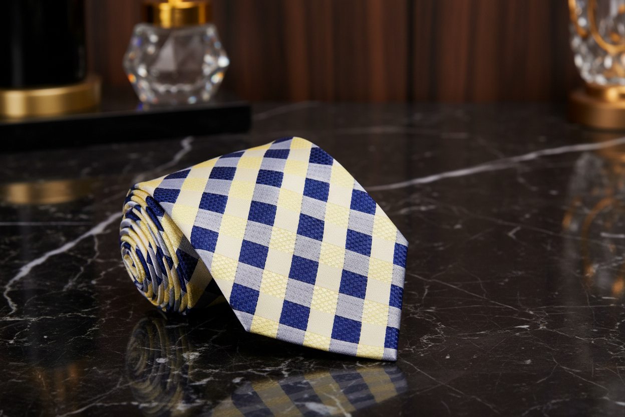A Yellow, Blue Check Pattern Necktie 