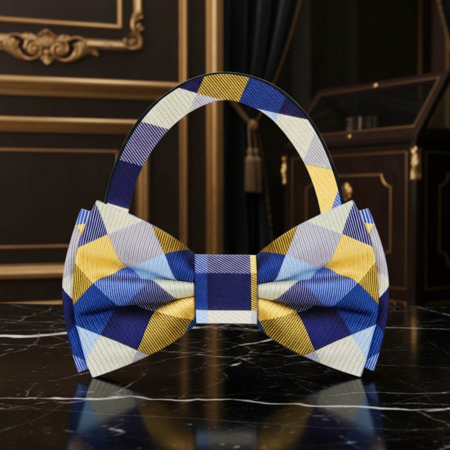 Pre Tied Green, Blue Check Bow Tie 