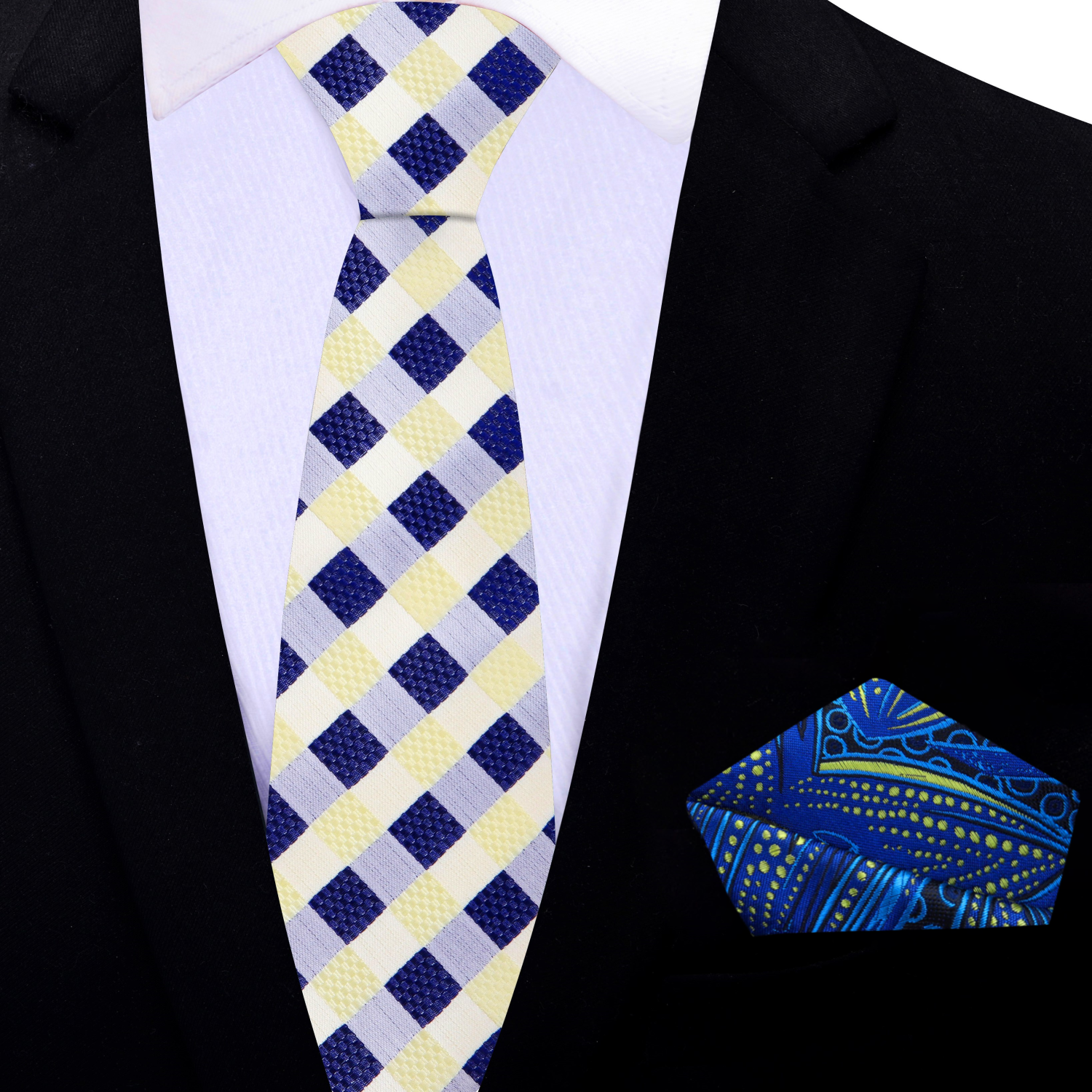 Thin Yellow and Blue Check Tie and Accenting Square