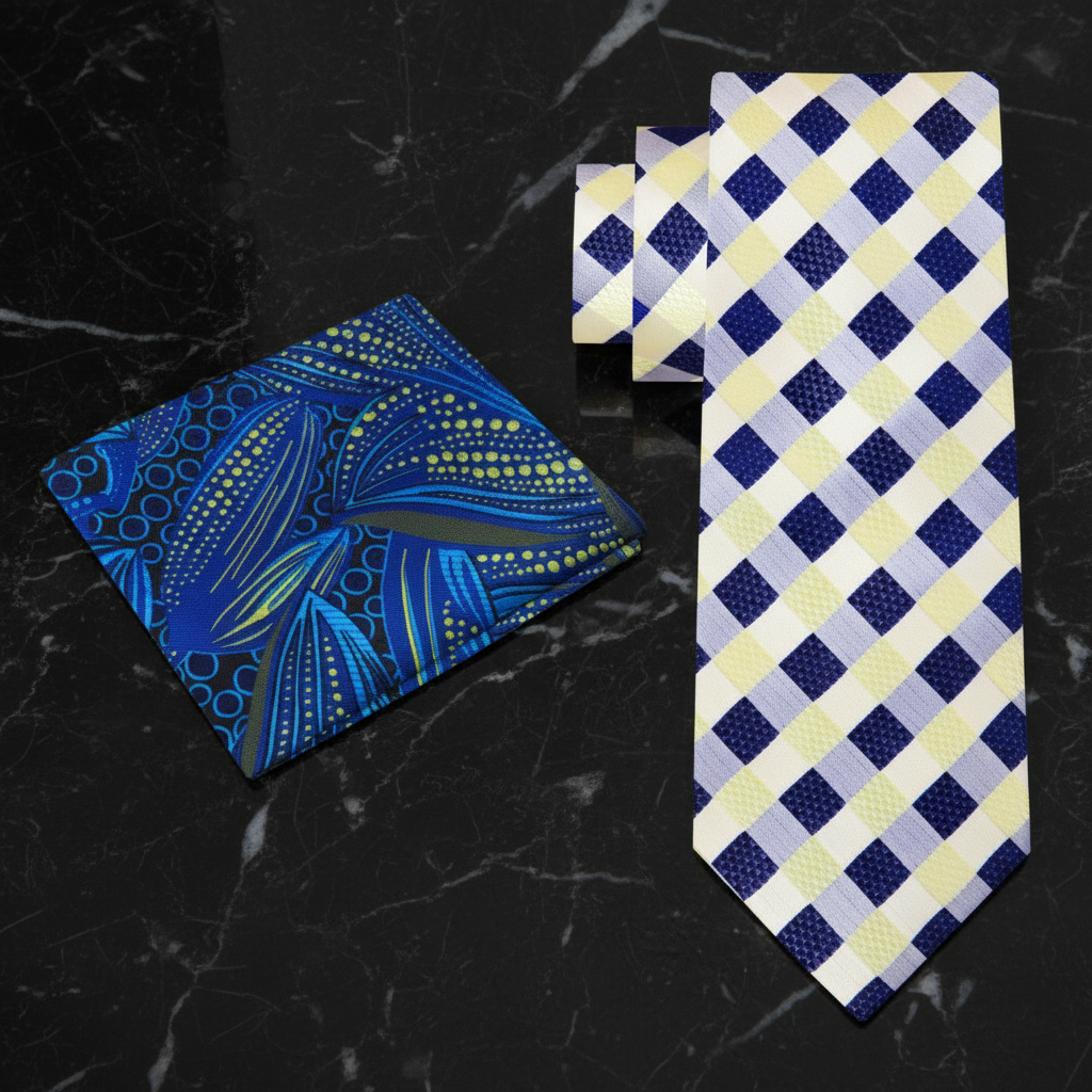 Yellow and Blue Check Tie and Accenting Square