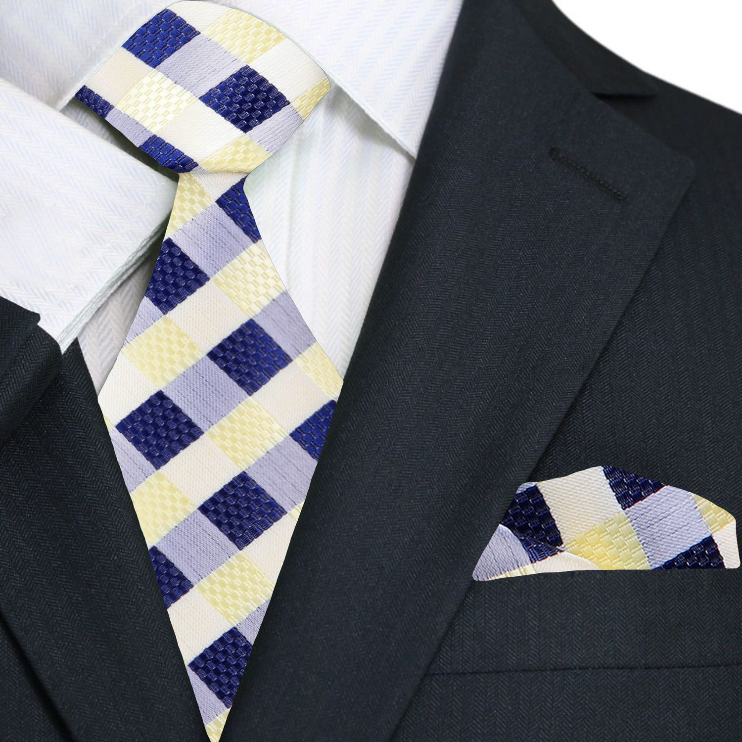 Main Yellow and Blue Check Tie and Square