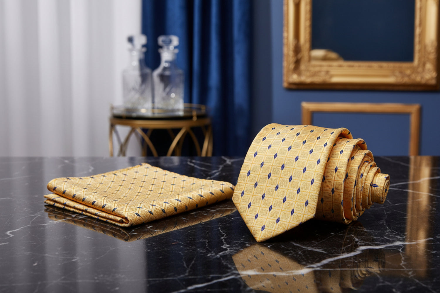 Yellow tie with blue pattern and matching pocket square on a white background